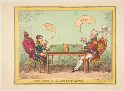 A Game of Cribbage or Boneys Last Shuffle, 6. juni 1814. af George Cruikshank