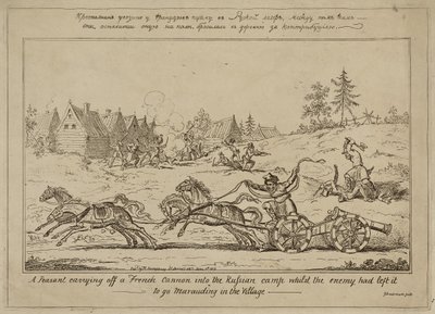 En bonde, der bar en fransk kanon ind i den russiske lejr, mens fjenden havde forladt den for at plyndre i landsbyen, udgivet 8. juni 1813 af George Cruikshank