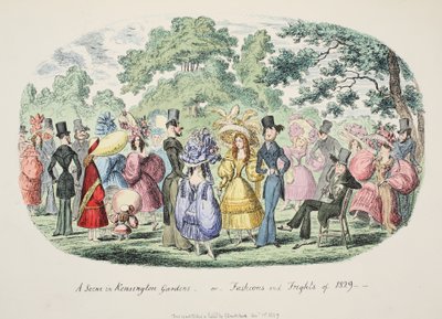 En scene i Kensington Gardens - eller - Fashions and Frights of 1829, pub. 1829 (håndfarvet gravering) af George Cruikshank