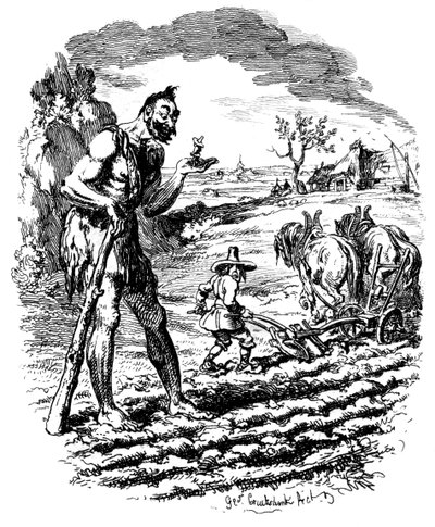 En kæmpe står på en mark, mens en bonde pløjer, 1800-tallet. af George Cruikshank