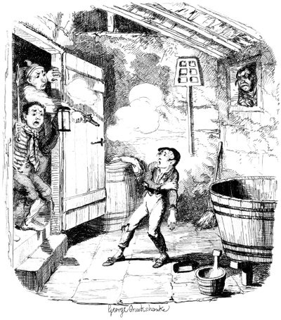 En mand skyder en ung dreng, som han mistænker for at stjæle fra det 19. århundrede. af George Cruikshank