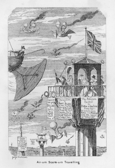 Air-um, Scare-um Traveling - altså forventning om fremtidens flyvning i 1843 af George Cruikshank