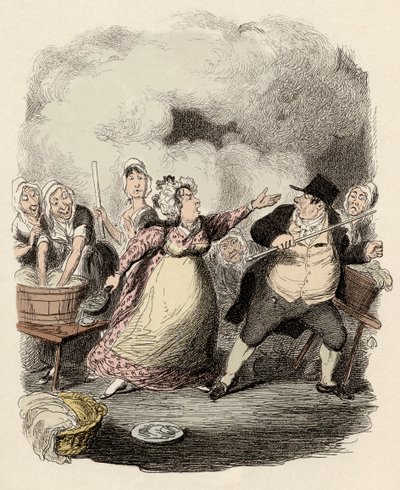På hospice bliver Monsieur Bumble alvorligt frastødt af sin kone, Madame Corney - Mr. Bumble nedværdiget i de fattiges øjne - Illustration til "Oliver Twist" (Olivier) (The Adventures of Oliver Twist) af Charles Dickens (1812-1870) , af George Cruikshan af George Cruikshank