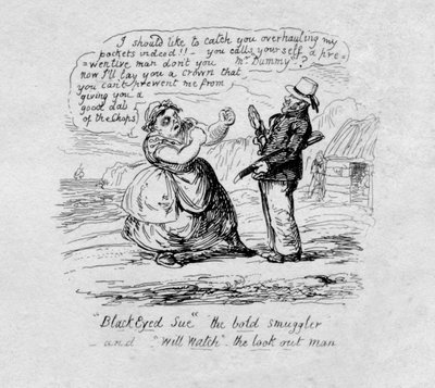 Black Eyed Sue den dristige smugler og Will Watch the look out man, 1829 af George Cruikshank