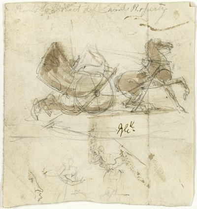 Karikatur af sig selv (recto); Cab Thrown by a Horse, with Other Sketches (verso) af George Cruikshank