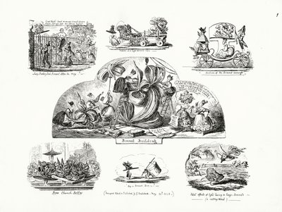 Tegnefilm af George Cruikshank med temaet overdimensionerede damehjelmer (gravering) af George Cruikshank