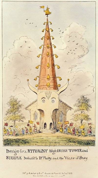 Design til et ritualistisk højkirketårn og tårn, dedikeret til Dr. Pusey and the Vicar of Bray, 1868 (tryk) af George Cruikshank