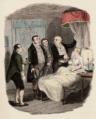 Dr. Losberne viser Oliver til Bow Street politibetjente - Oliver ventede på af Bow Street Runners - Illustration til "" Oliver Twist"" (Oliver) (The Adventures of Oliver Twist) af Charles Dickens (1812-1870), af George Cruikshank (1792-1878). af George Cruikshank