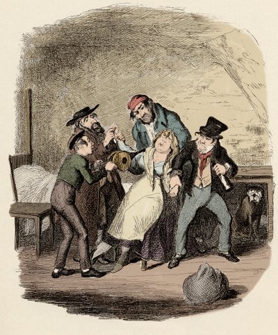 Fagin, Charley Bates, Kikes og Dawkins genopliver Nancy - Mr. Fagin og hans elev genopliver Nancy - Illustration til "" Oliver Twist"" (Oliver) (The Adventures of Oliver Twist) af Charles Dickens (1812-1870), af George Cruikshank ( 1792-1878). af George Cruikshank
