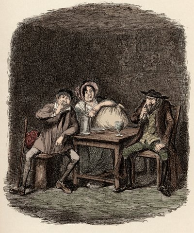Fagin gør forretninger med Morris Bolter, alias Noe Claypole, og Charlotte - Jøden og Morris Bolter begynder at forstå hinanden - Illustration til "" Oliver Twist"" (Olivier) (The Adventures of Oliver Twist) af Charles Dickens (1812-1870) ), af George af George Cruikshank