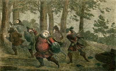 Falstaff sveder ihjel og sviner den magre jord, mens han går af George Cruikshank