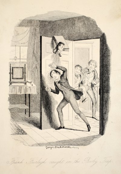 Frank Fairlegh Catught in the Booby Trap, fra Frank Fairlegh eller Scenes From the Life of a Private Pupil, pub. ca. 1870 af George Cruikshank