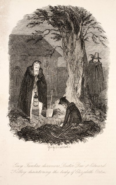 Guy Fawkes opdagede, at Doctor Dee og Edward Kelley disintered liget af Elizabeth Orton, illustration fra Guy Fawkes, eller Gunpowder Treason: an Historical Romance, af William Harrison Ainsworth, pu af George Cruikshank