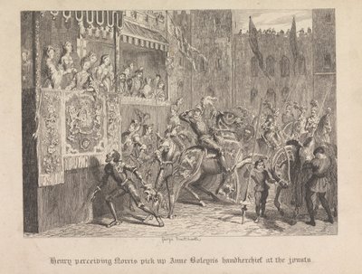 Henry opfatter Norris tage Anne Boleyns lommetørklæde op ved dysterne af George Cruikshank