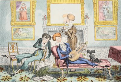 Hummingbirds or A Dandy Trio, pub. 1835 (håndfarvet gravering) af George Cruikshank