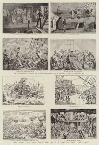 Humoristisk kunst på Royal Naval Exhibition af George Cruikshank