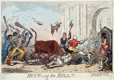 Hunting the Bull, 1817 (farveætsning) af George Cruikshank