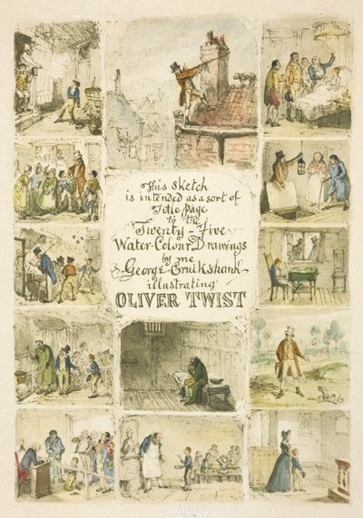 Illustration til titelbladet "Oliver Twist" af George Cruikshank