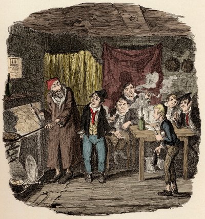 I London præsenterer Jack Dawkins kaldet ræven Oliver for Fagin og hans hold af malfrater - Oliver introduceret til den respektable gamle herre - Illustration til "Oliver Twist" (Olivier) (The Adventures of Oliver Twist) af Charles Dickens (1812-1870) , af af George Cruikshank