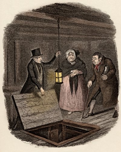 I overværelse af Monsieur Bumble og Madame Corney forsvinder Monks medaljonen af Oliver Twist - Beviserne ødelægges - Illustration til "Oliver Twist" (Oliver) (Oliver) (The Adventures of Oliver Twist) af Charles Dickens (1812-1870), af George Cruikshank ( af George Cruikshank