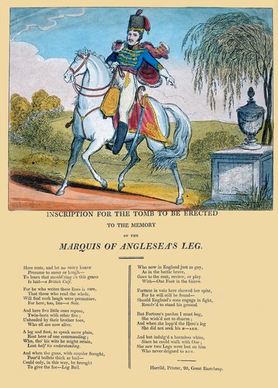 Inskription til graven, der skal rejses til minde om markisen af Angleseas ben, udgivet af R. Harrild, ca. 1815 af George Cruikshank