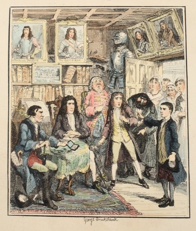 Jack Sheppard anklager Thames Darrell for Theft, illustration fra Jack Sheppard: A Romance af William Harrison Ainsworth, udgivet 1839 (håndfarvet radering) af George Cruikshank