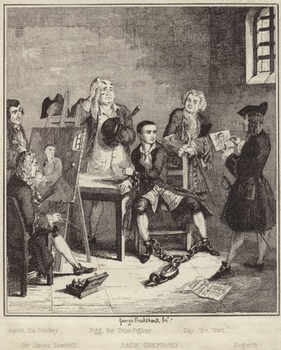 Jack Sheppard får sit portræt malet af Sir James Thornhill i fængslet af George Cruikshank