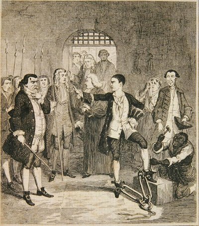 Jack Sheppards jern slået af i Stone Hall ved Newgate, illustration fra 