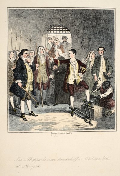 Jack Sheppards jern slået af i Stone Hall ved Newgate, illustration fra Jack Sheppard: A Romance af William Harrison Ainsworth, udgivet 1839 (håndfarvet radering) af George Cruikshank
