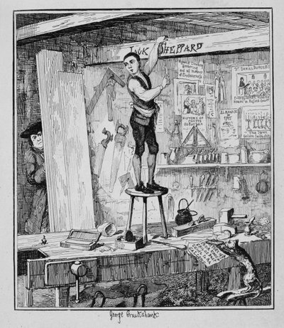 Jack skærer sit navn på en bjælke i sin tidligere arbejdsgivers butik, illustration fra 
