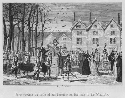 Jane møder liget af sin mand på vej til stilladset (gravering) af George Cruikshank