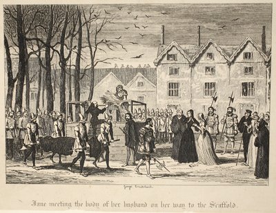 Jane møder liget af sin mand på vej til stilladset fra The Tower of London, pub. 1840 af George Cruikshank
