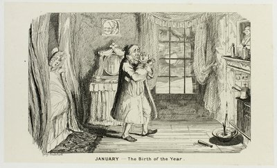 Januar - Årets fødsel fra George Cruikshanks stålstik til The Comic Almanacks: 1835-1853 af George Cruikshank