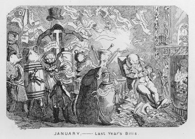 Januar, sidste års regninger (gravering) af George Cruikshank