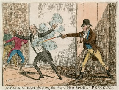 John Bellingham myrder den højtærede Spencer Perceval i Underhusets lobby af George Cruikshank