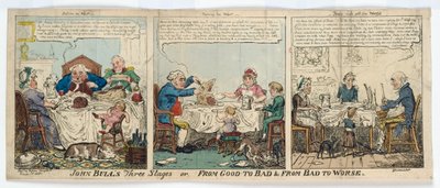 John Bulls tre stadier, eller, Fra godt til dårligt og fra dårligt til værre, 1815 (håndkoloreret gravering) af George Cruikshank