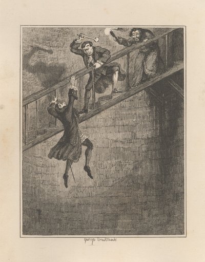 Jonathan Wild kaster Sir Rowland Trenchard ned i brønden af George Cruikshank