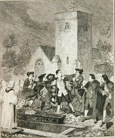 Jonathan Wild griber Jack ved sin mors begravelse i Willesden Churchyard, illustration fra 
