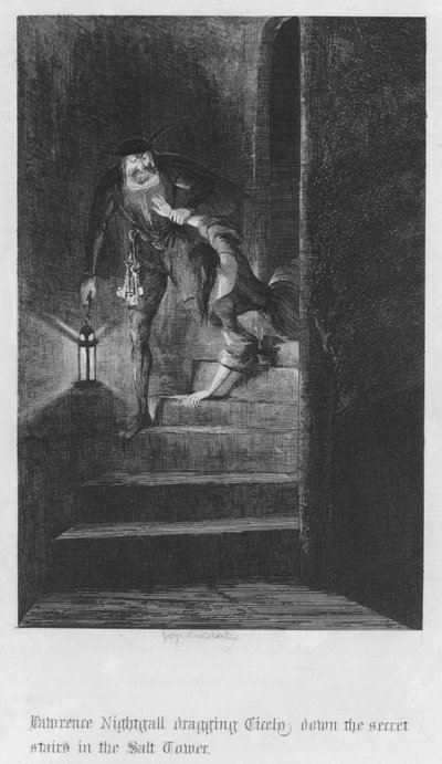 Lawrence Nightgall trækker Cicely ned ad de hemmelige trapper i Salt Tower (gravering) af George Cruikshank