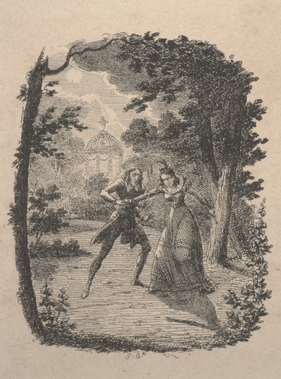 Mand og kvinde i haven (radering) af George Cruikshank