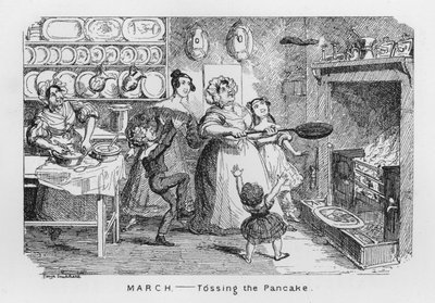 marts, kaste pandekagen (gravering) af George Cruikshank