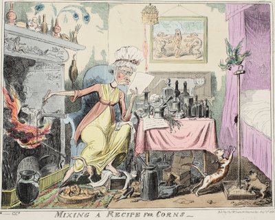 Blanding af en opskrift på majs, pub. 1835 (håndfarvet gravering) af George Cruikshank