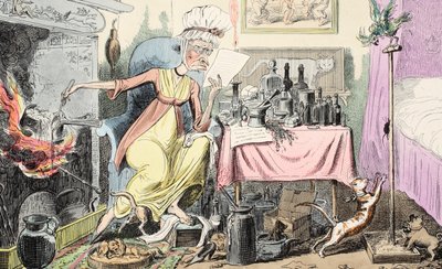 Blanding af en opskrift på majs, pub. 1835 (håndfarvet gravering) af George Cruikshank