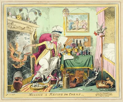 Mixing a Recipe for Corns, udgivet af G. Humphrey, London, 4. december 1822 (farvet radering) af George Cruikshank