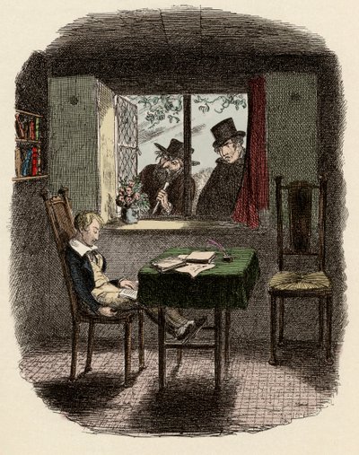 Munke og Fagin observerer Oliver sove i Maylie Library - Munke og jøden - Illustration til "" Oliver Twist"" (Oliver) (The Adventures of Oliver Twist) af Charles Dickens (1812-1870), af George Cruikshank (1792-1878) ). af George Cruikshank