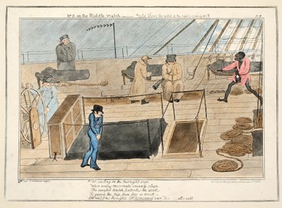Mr. B på det midterste ur - kulde blæser vinden og regnen, der kommer, fra The Progress of a Midshipman, pub.1835 (håndfarvet gravering) af George Cruikshank