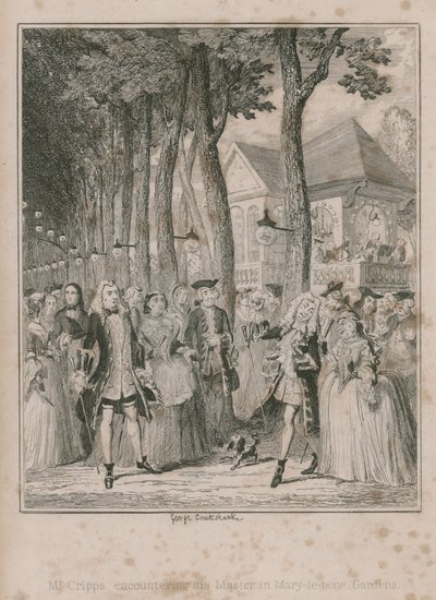 Mr Cripps støder på sin Mater i Mary-le-bone Gardens af George Cruikshank