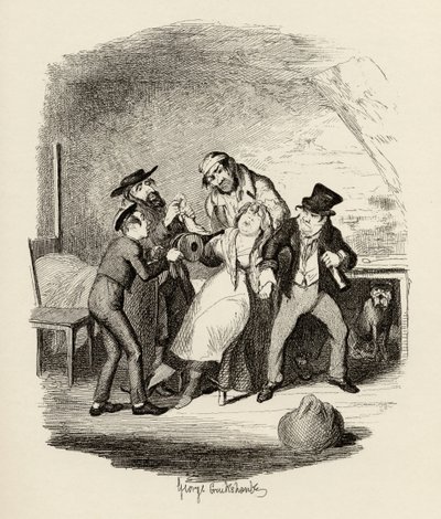 Hr. Fagin og hans elev, der kommer sig Nancy, fra "The Adventures of Oliver Twist" af Charles Dickens (1812-70) 1838, udgivet af Chapman und Hall, 1901 af George Cruikshank