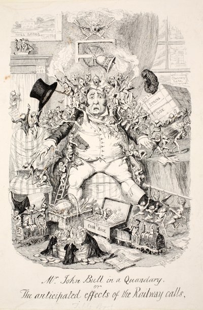 Mr. John Bull i et dilemma eller de forventede virkninger af jernbaneopkaldene, pub. 1845 af George Cruikshank