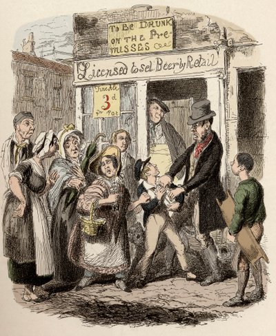 Nancy og Sikes kidnapper Oliver på gaden - Oliver hævdet af sine kærlige venner - Illustration til "" Oliver Twist"" (Olivier) (The Adventures of Oliver Twist) af Charles Dickens (1812-1870), af George Cruikshank (1792-1878) ). af George Cruikshank
